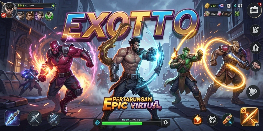Screenshot gameplay EXOTOTO menampilkan pertarungan seru dan dinamis.