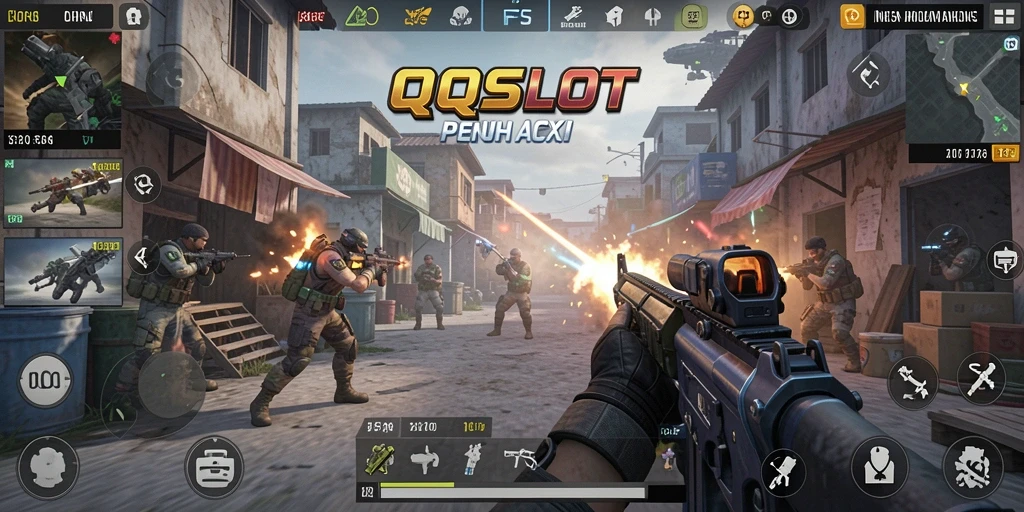 Screenshot menunjukkan aksi intens gameplay FPS dari QQSLOT.