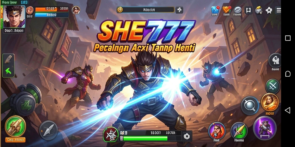 Tangkapan layar gameplay SHE777 yang menunjukkan aksi penuh adrenalin.